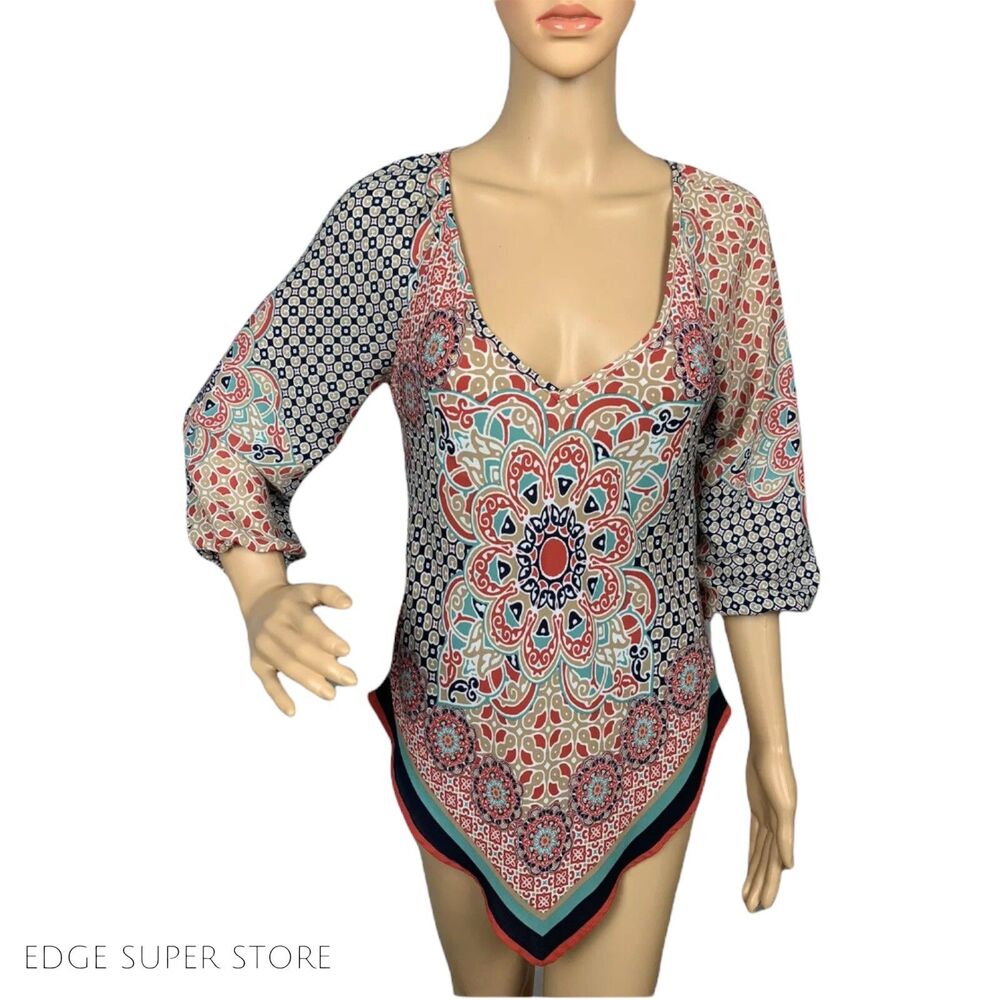 Heart Soul Red Blue Paisley V Neck Peasant Boho 3/4 Sleeve Blouse Top Size Small